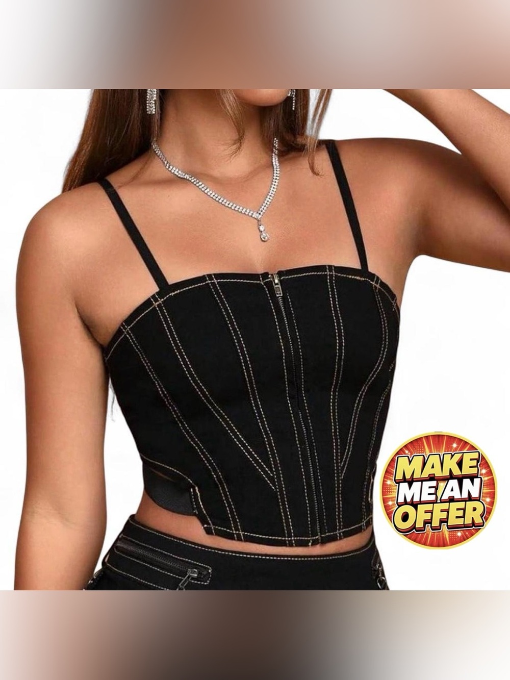 Brand New Black Contrast-Stitch Corset Crop Top - SZ L